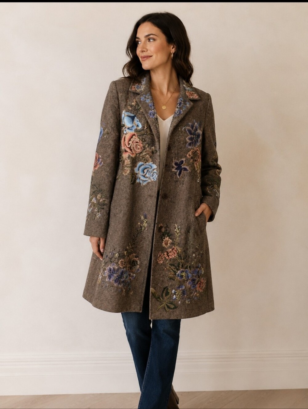 Nygård Collection  Embroidered Floral Long Jacket Cottagecore Boho Art to Wear